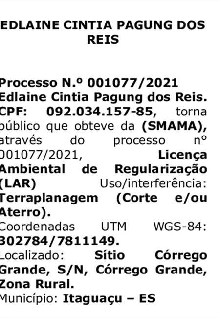 LICENÇA AMBIENTAL OBTIDA - EDLAINE CINTIA PAGUNG DOS REIS